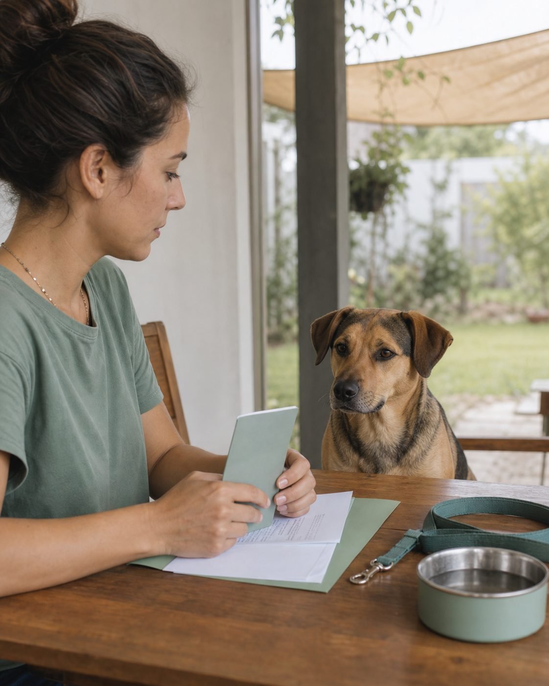 Persona organizando la libreta y la correa de un perro antes de una consulta