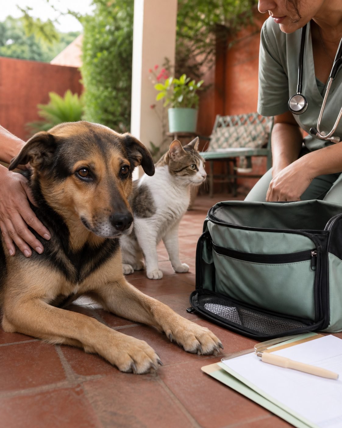 Perro y gato tranquilos durante una visita veterinaria editorial en un patio